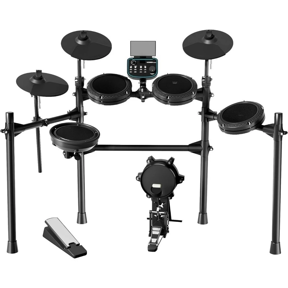 

Электронная ударная установка с сетчатыми пэдами, держателем для телефона, палочками, USB MIDI, 260+ звуков, 30 комплектов настроек, для начинающих, регулируемые тарелки, бас-барабан