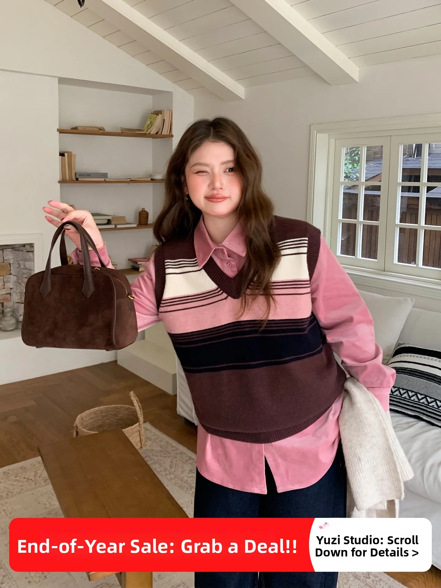 

YUZI вязаный жилет Top или свободный крой V-Ne в полоску с рисунком в стиле ретро для колледжа, большие размеры, женская внутренняя одежда, осень-зима