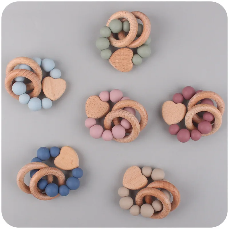 

Baby Nursing Bracelets Teether Toy Silicone Beads Wooden Beech Ring Beads Teething Wood Rattles Fidget Toys Newborn Accessories