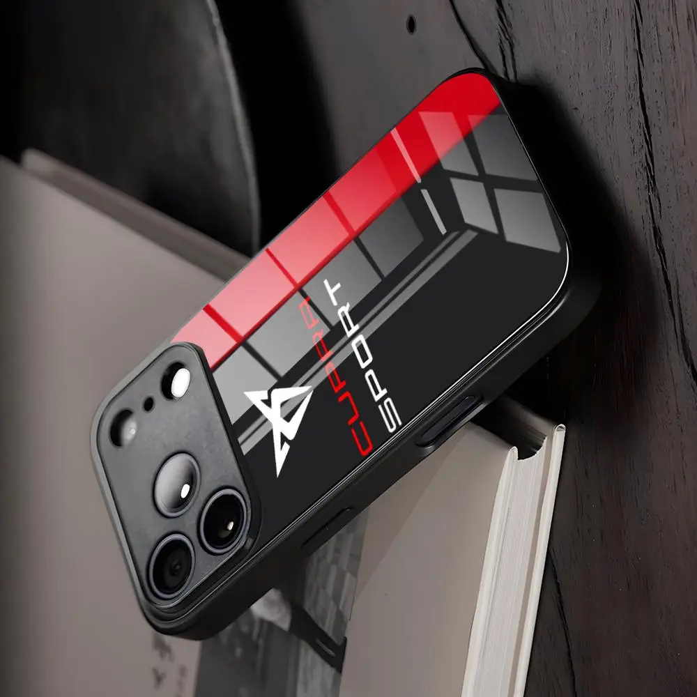 Etui na telefon z logo Car C-cupraes, szklane, z oświetleniem, do iPhone 17 Air 16 15 17 14 Pro Max 13 12 11 X XS XR Plus, do Samsung S 26 24 23 22 — zdjęcie produktu 3