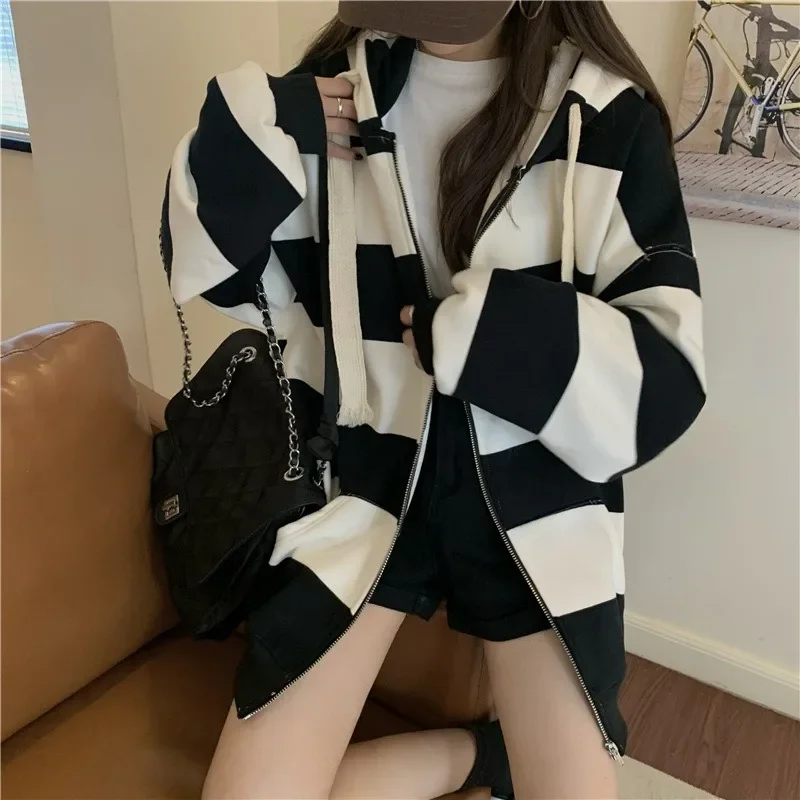 Y2k Korean Style Zipper Striped Female Hoodies Autumn Loose Casual Drawstring Streetwear Long Sleeve Women Goth Hoodie Jackets