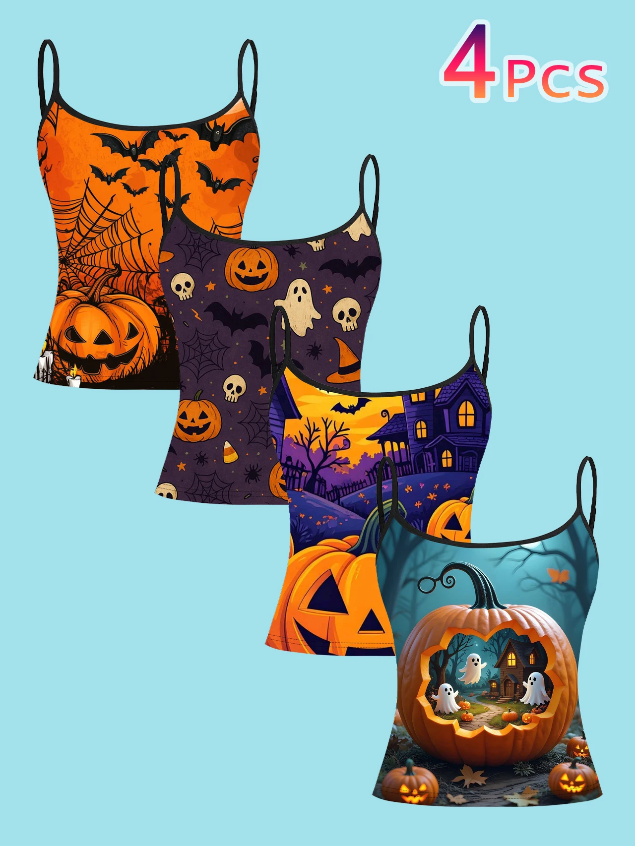 4-Piece Set of Halloween Pumpkin, Bat, Haunted House Women's Camisoles with Spider Web, Skull, Ghost, Candy, and Colorful Scene Prints, Slim-Fit Spaghetti Strap Short Camisole Tops