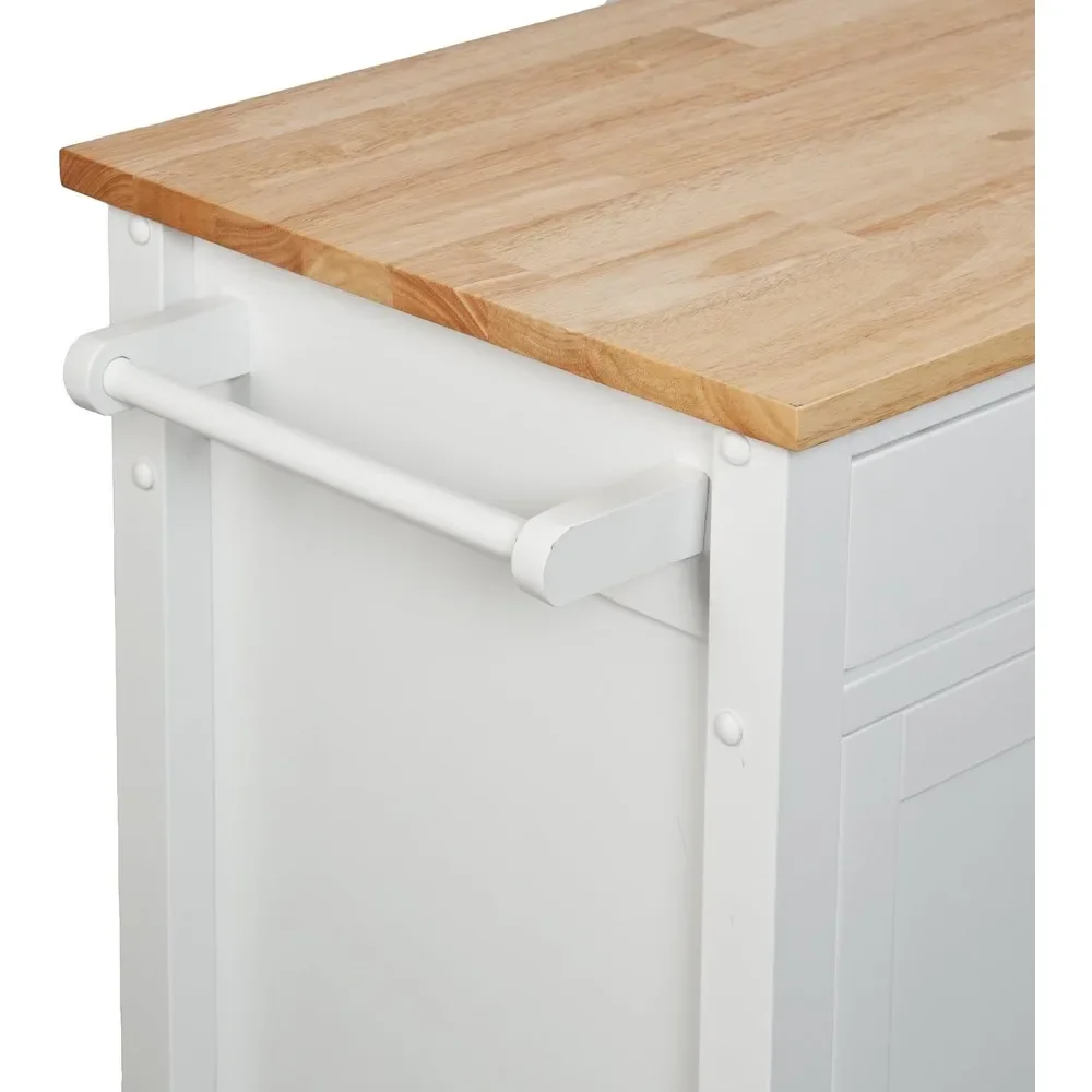 Rolling Kitchen Cart Island - Fixed Shelves w/Cabinet - White Finish w/Wood Top