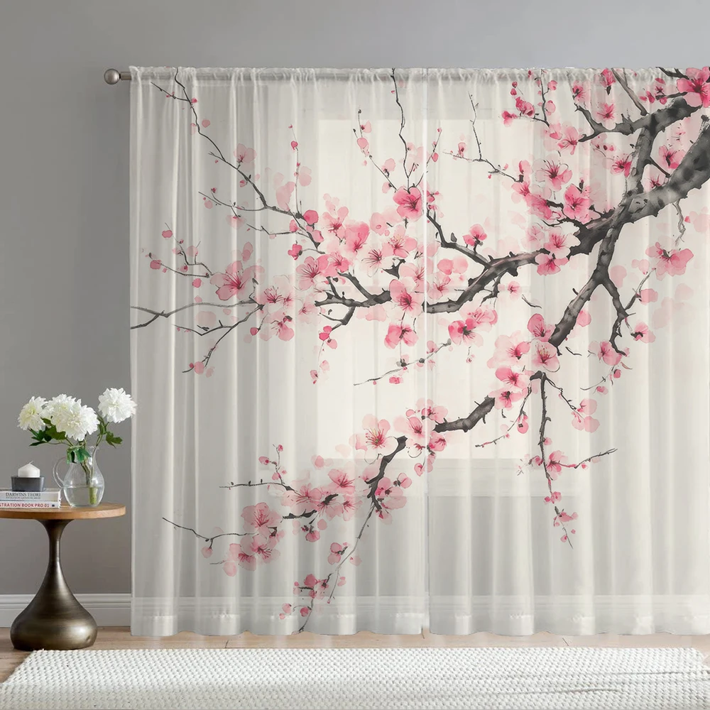 2Pcs Ink Style Peach Blossom Tree Print Home Decoration Window Screens Suitable For Kitchen, Coffee Shop, Restaurant, Bedroom