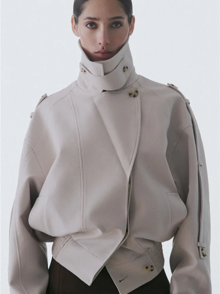 

Женская куртка в британском стиле с высоким воротником, свободного кроя, однотонная, модная повседневная верхняя одежда