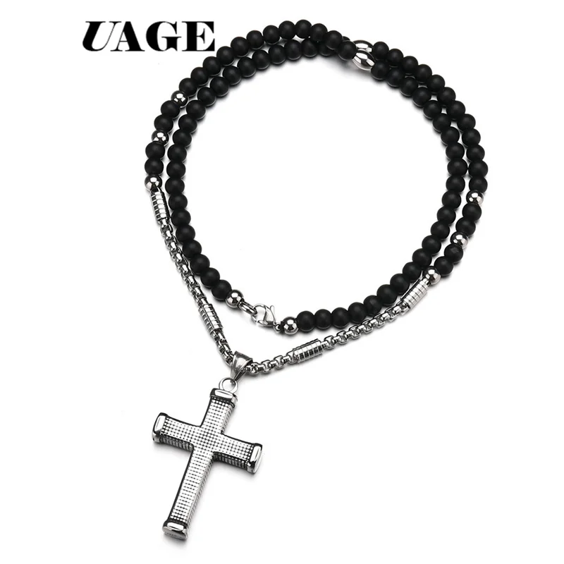 UAGE Rosary beaded Jesus CROSS Black Stone  pendant necklace for men and women