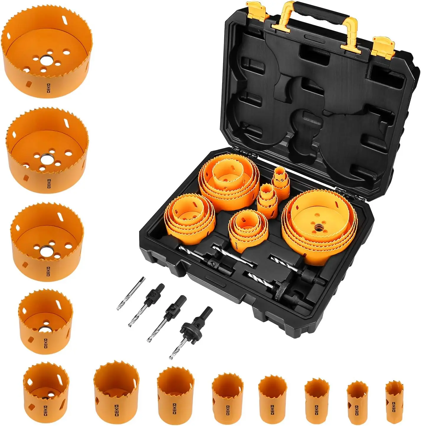 

DEKO Hole Saw Set,with 22 Saw Blades in Case, with 2 Small Mandrel, 1 Large Mandrel, 1 Drill Bit, Ideal for Soft Wood, Plywood