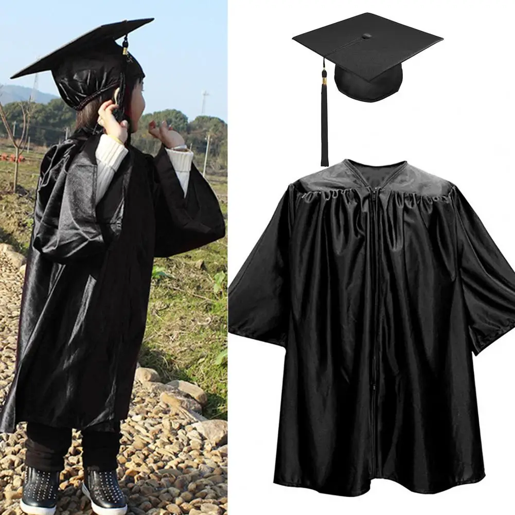 1 Set Unisex Kinderen Graduatie Gewaad Hoed Set Rits Losse Kwast Kleuterschool Afstudeerceremonie Jurk Cap Kwastset