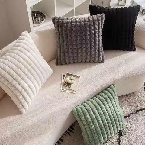 Double Sided Rabbit Hair Grid Pillowcase Solid Color Plush Throw Pillow Cover Simple Soft Waist Cushion Cover for Living Room