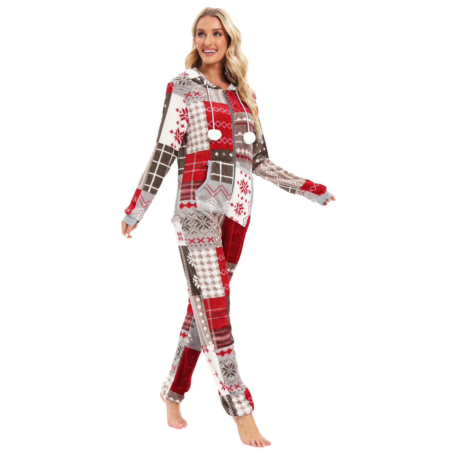 2022 Women Christmas Flannel Plaid Print Pajamas One-Piece Pijamas Adults Cosplay Costume Hooded Onesie