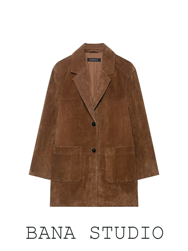 

BANA Retro Brown Suede Jaet Women's Turn-down Collar Mid-length Faux Leather Coat Commute Sle Long Sve Single Button