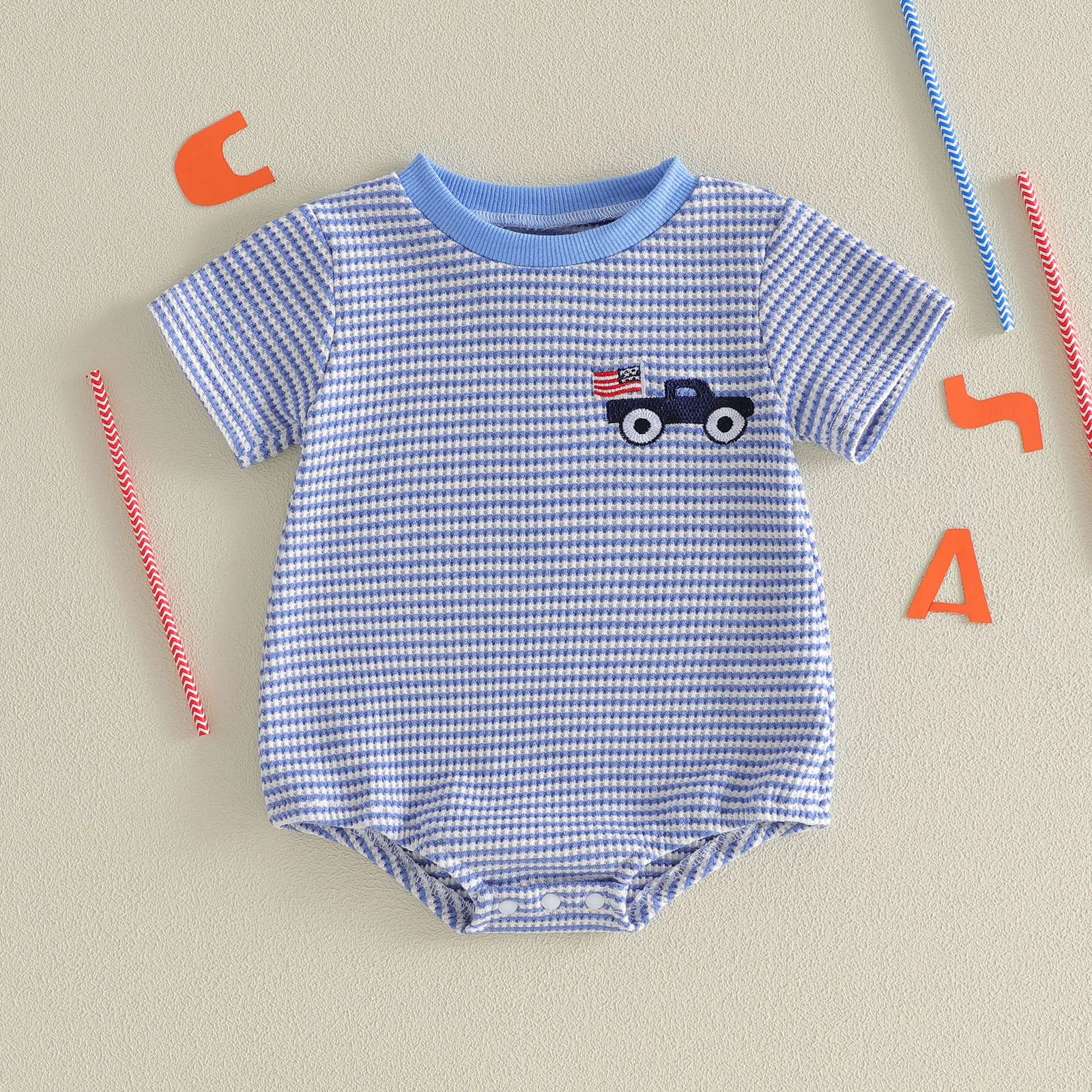 Newborn Baby Boy Independence Day Outfit Flag Embroidery Waffle Striped Short Sleeve Bubble Romper Summer Bodysuits
