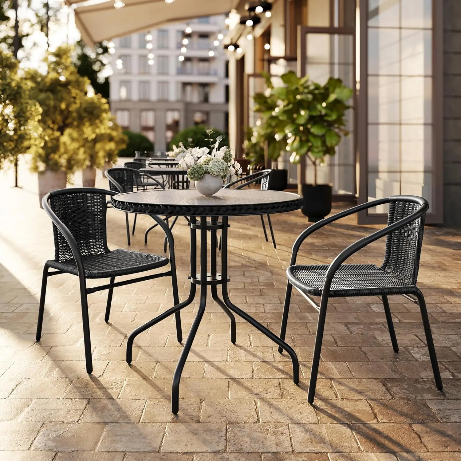 28'' Round Glass Metal Table with Black Rattan Edging & 2 Stack Chairs Tempered Glass Patio Bistro Set, Customized