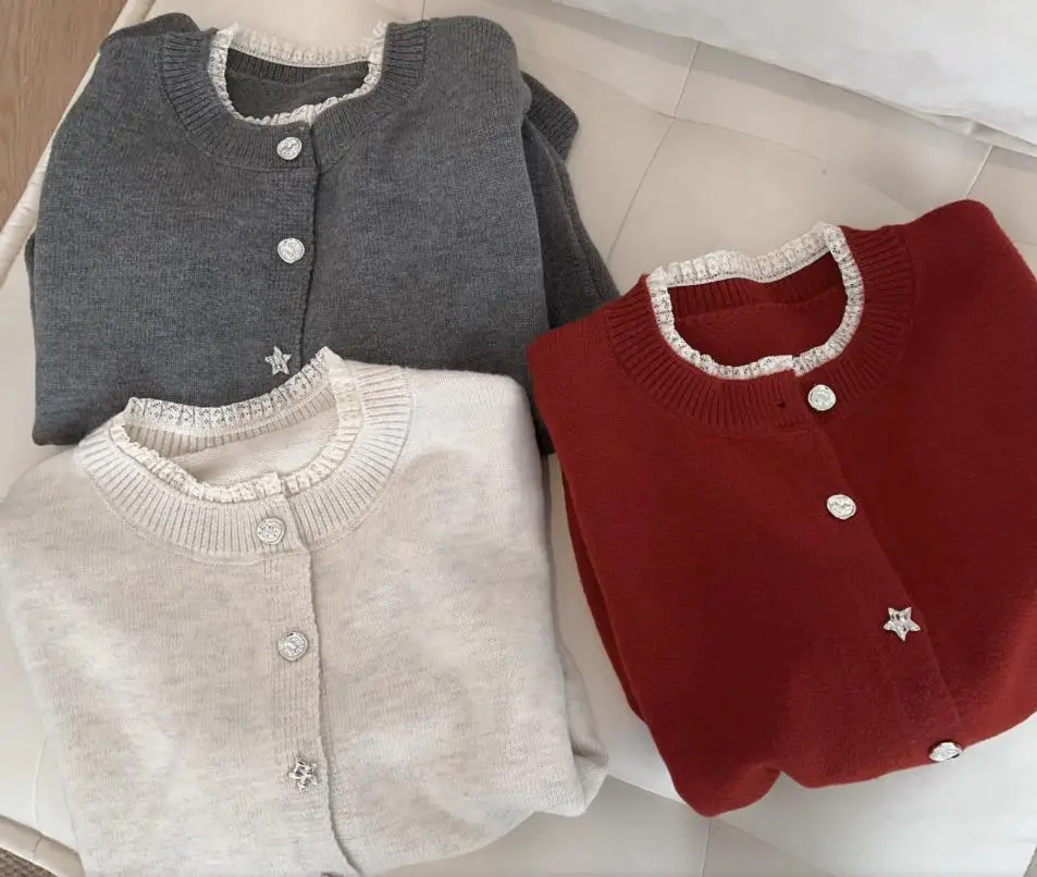 

Лоскутный кардиган с кружевным воротником, осень-зима, корейский простой вязаный свитер с круглым вырезом и длинными рукавами