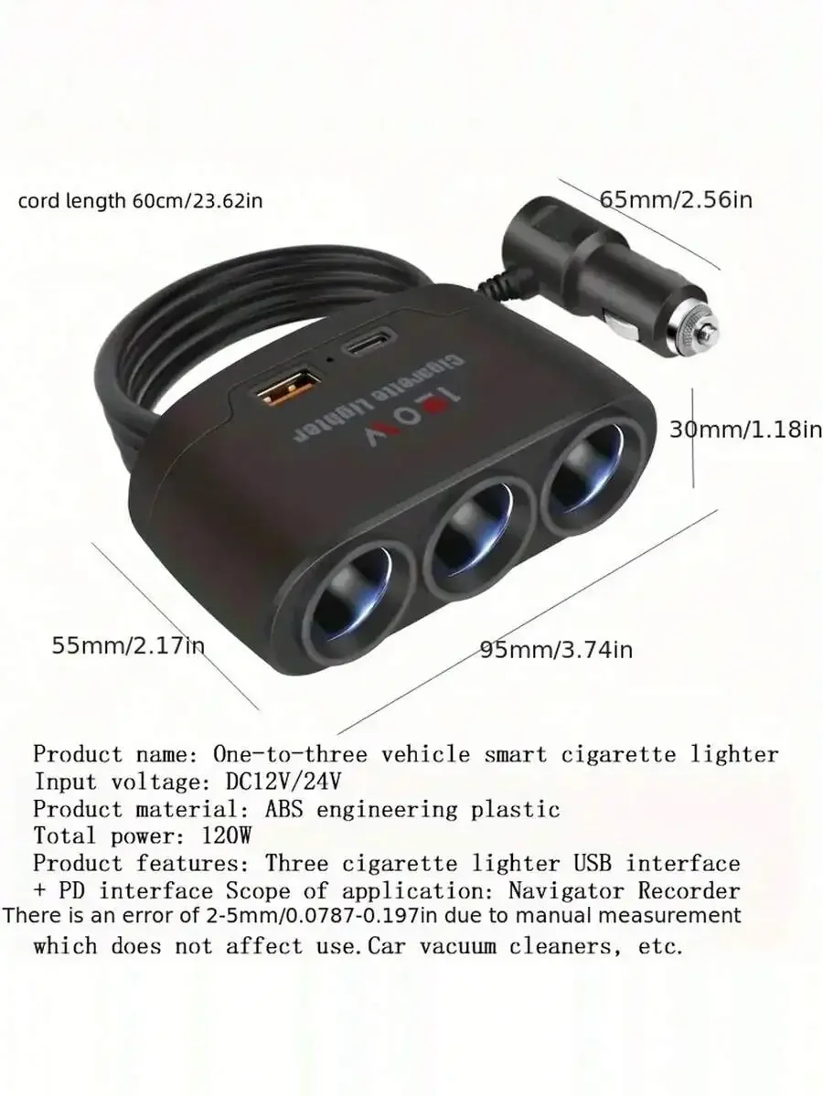 

3-In-1 Car Power Adapter With Triple Cigarette Lighter Sockets USB PD 120W For Navigator Vacuum Cleaner