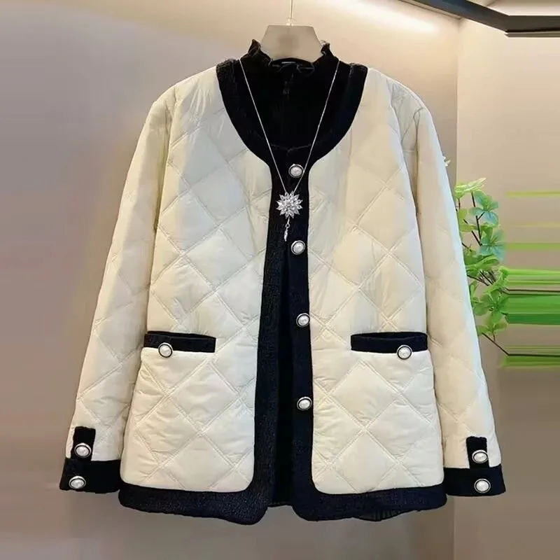 2025 New Autumn Winter Jacket Short Temperament Single Breasted Fashion Splicing Small Fragrant Cotton Coat Outerwear Keep Warm
