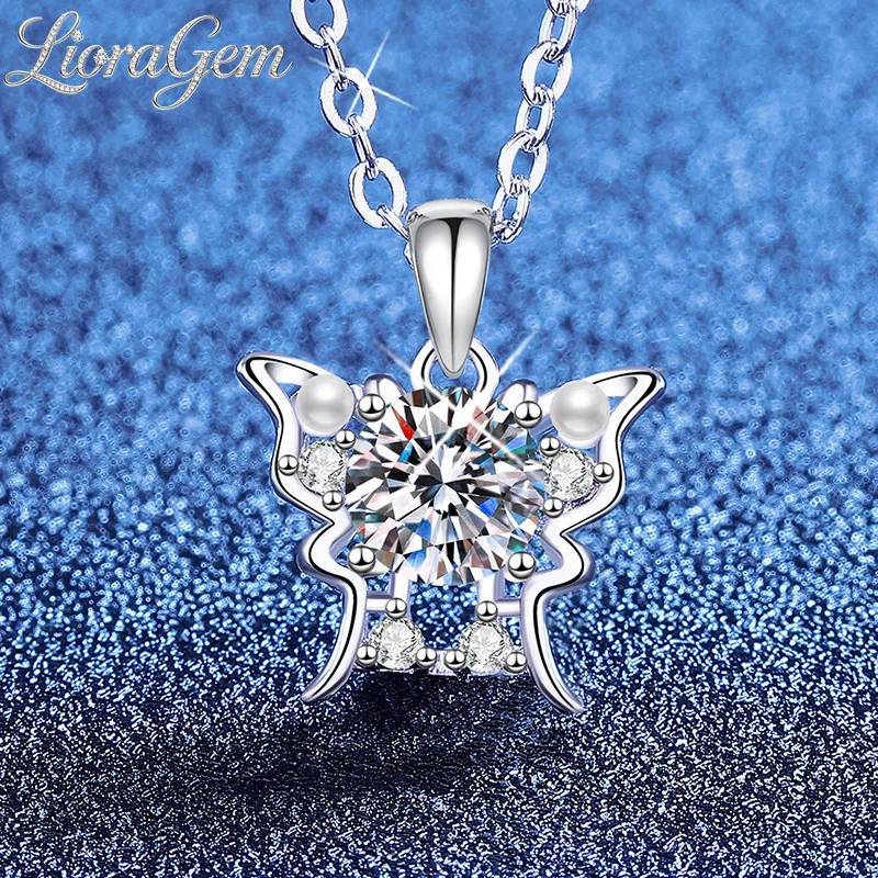 

LioraGem 1-Carat Moissanite Necklace, Women's Butterfly-Style Mini Pearl Moissanite Necklace Platinum PT950 Stamp