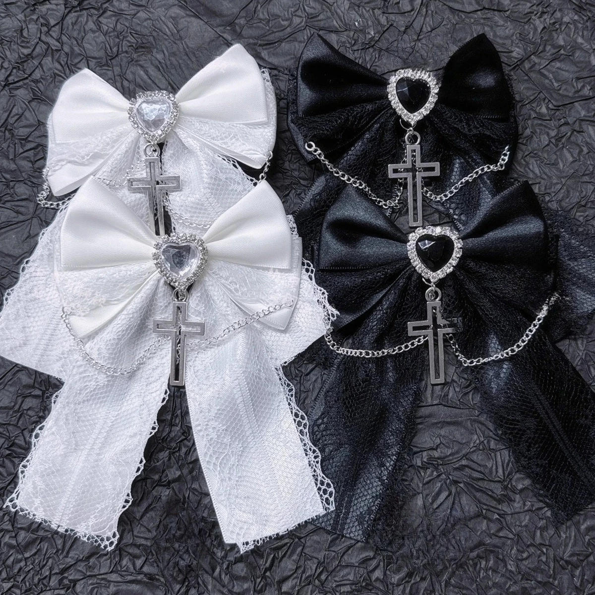 

Original Handmade Lolita Lace Bow Tie Brooch Dark Gothic Heart-shaped Rhinestone Bow Tie Shirt Suit Skirt Accessories Jewelry