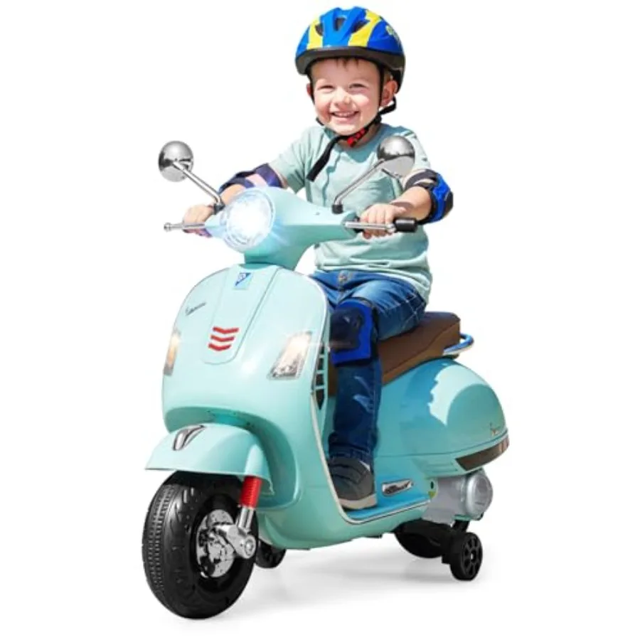 

Электрический скутер Vespa 12В с тренировочными колесами, зелеными фарами, звуковым сигналом, запуском одной кнопкой, на аккумуляторе, идеальный подарок