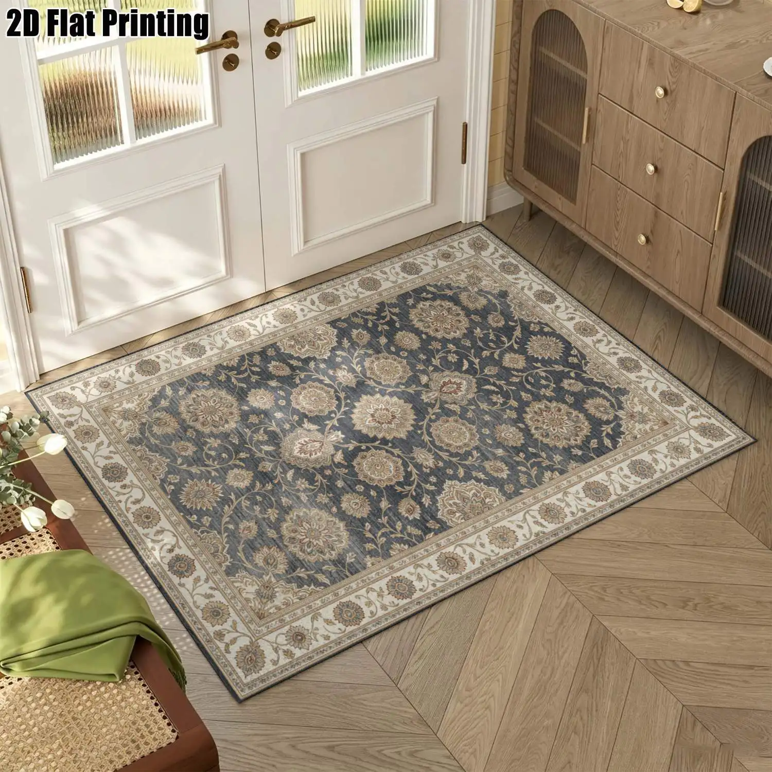 1Pc 2D Printed Carpet: Black Base Brown-Grey Floral Retro/European/Bohemian Style, Machine Washable, Multi-Size, for Multiple Scenes