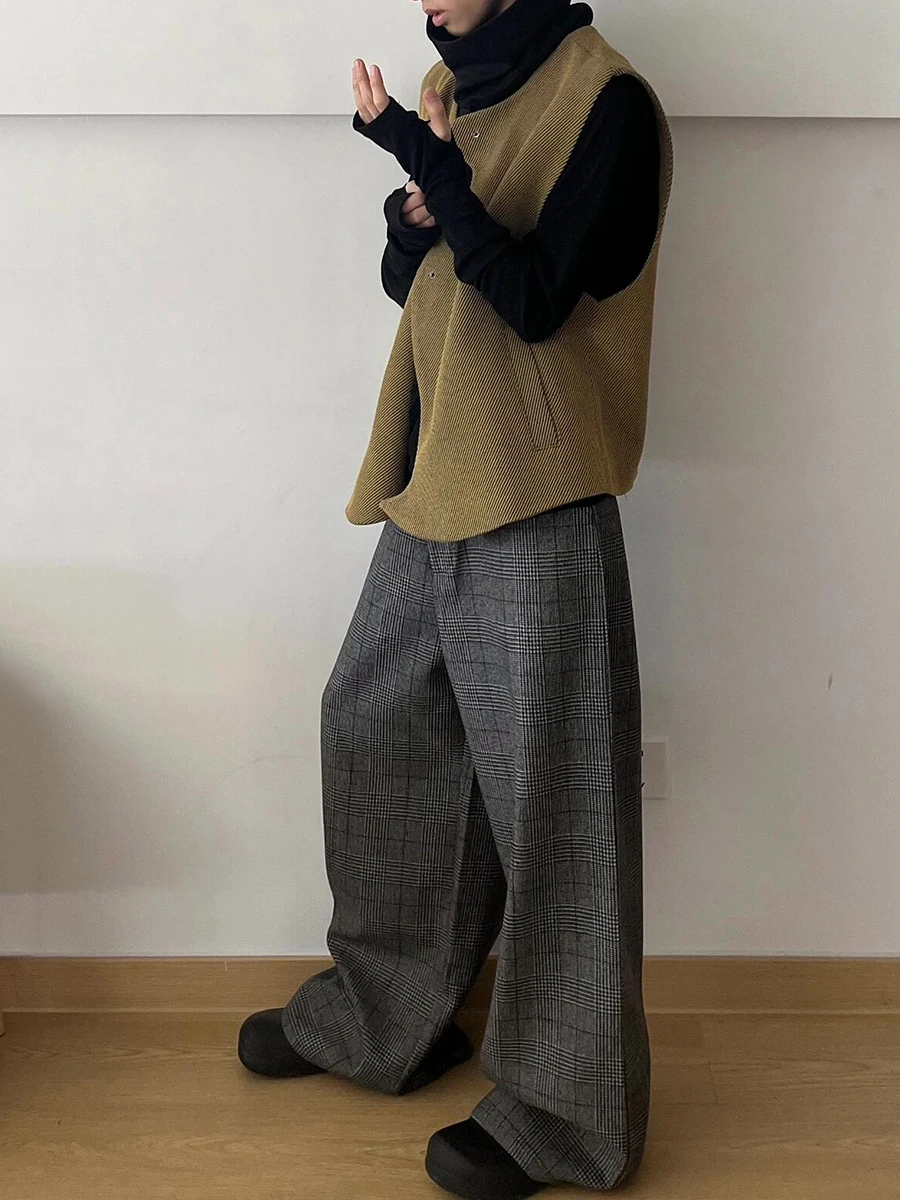 ReddaChic Business Men Plaid Tweed Wide Leg Pants Casual Loose Fit Flat Front Bootcut Long Suit Trousers Dressy Vintage Clothes