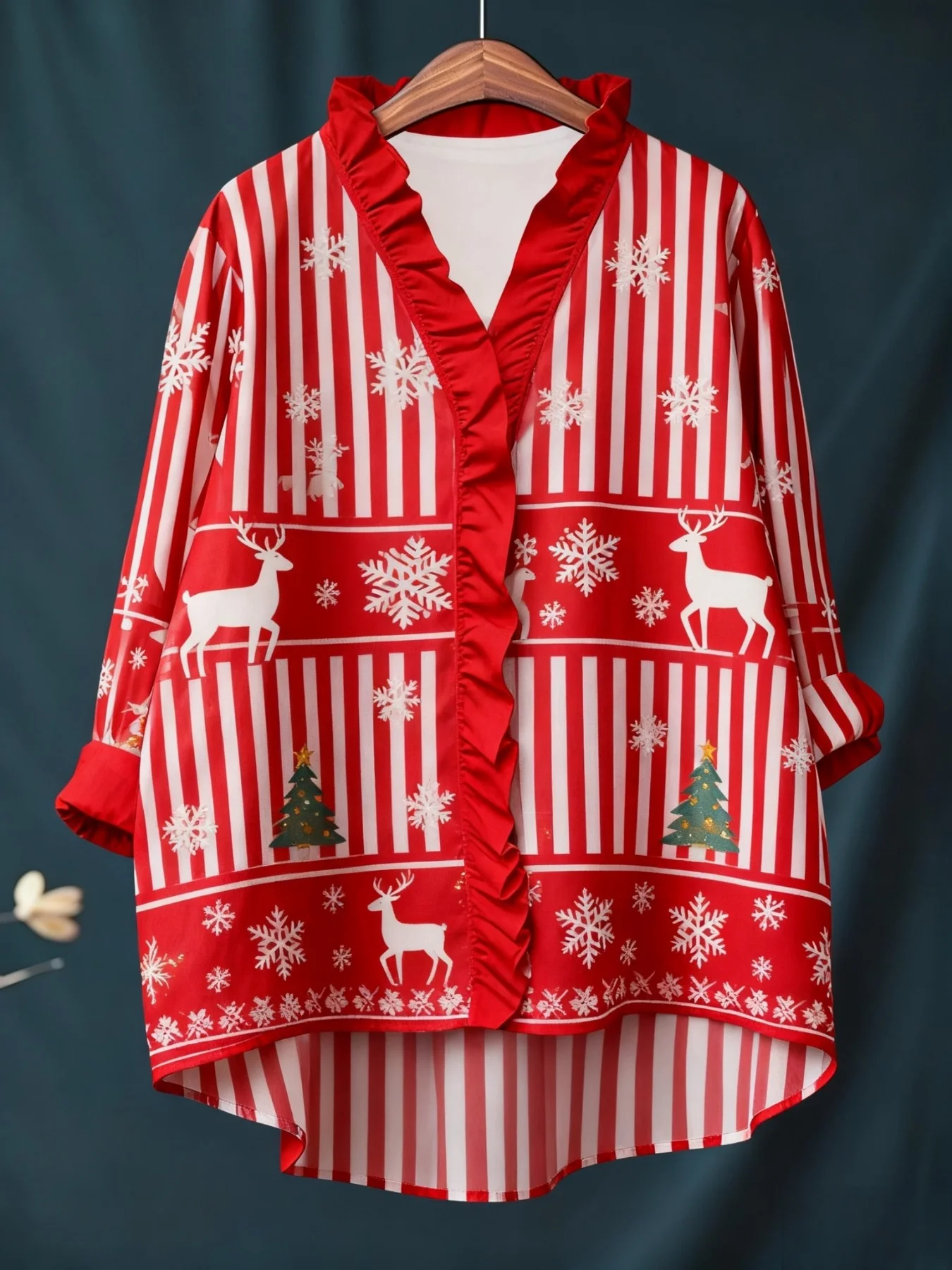 Women's Christmas digital printed long sleeved shirt with ruffled collar, loose fit, versatile 