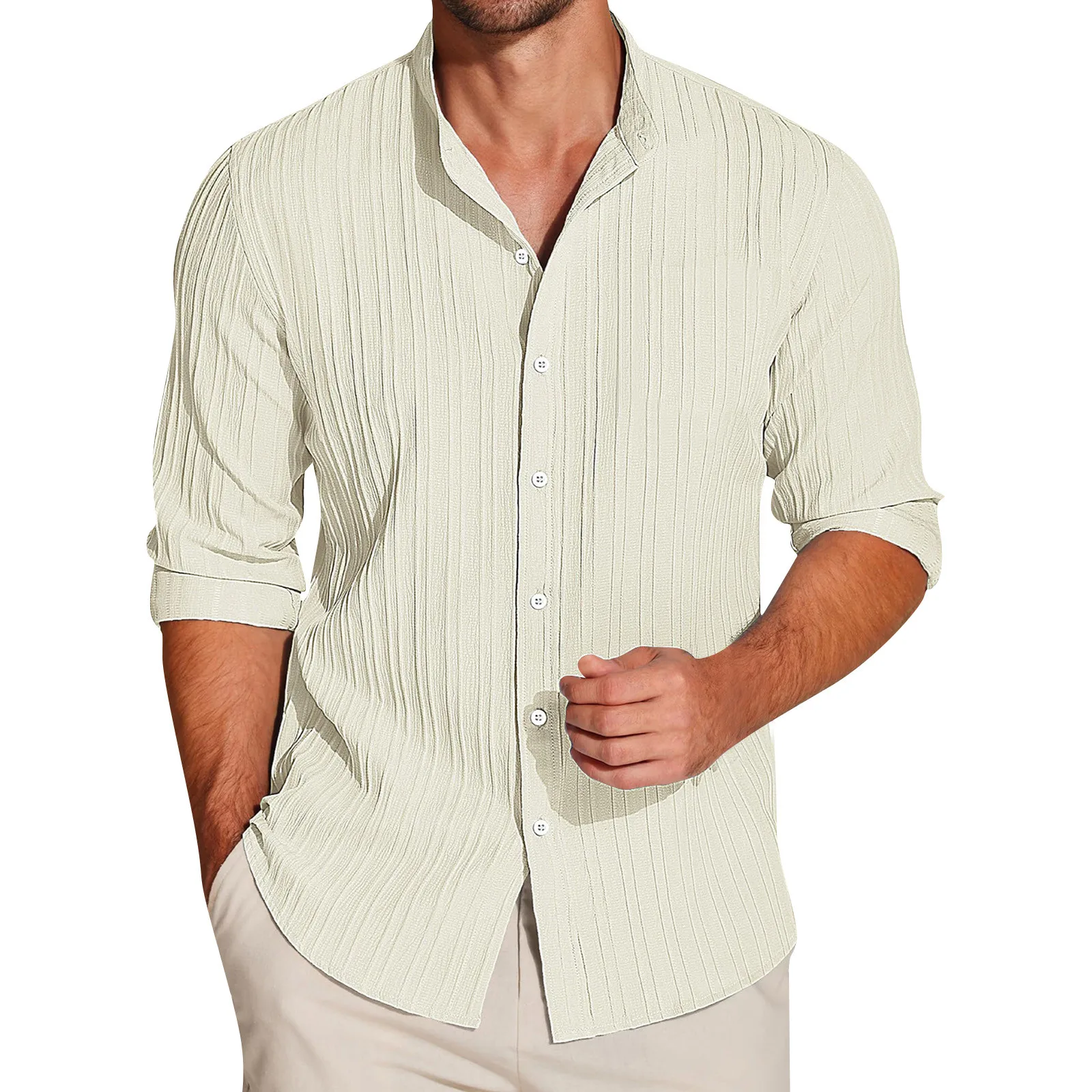 

HOUZHOU Cotton Linen Shirts for Men Summer Solid Color Beach Button Down Shirt Cardigan Loose Casual Streetwear Long Sleeve Top