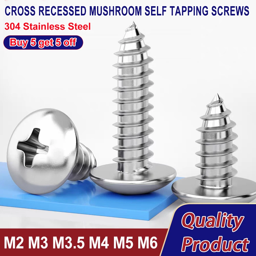 M2 M3 M3.5 M4 M5 M6 304 Stainless Steel Phillips Truss Head Screw Cross Recessed Mushroom Head Self Tapping Screws 5-100pcs