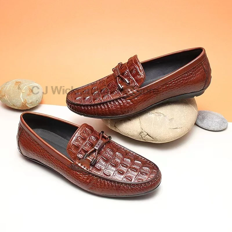 

HKDQ Brand Crocodile Pattern Mens Genuine Leather Shoes Luxurious Banquet Dress Shoes Men's Low Top Loafers Casual Walking Shoes