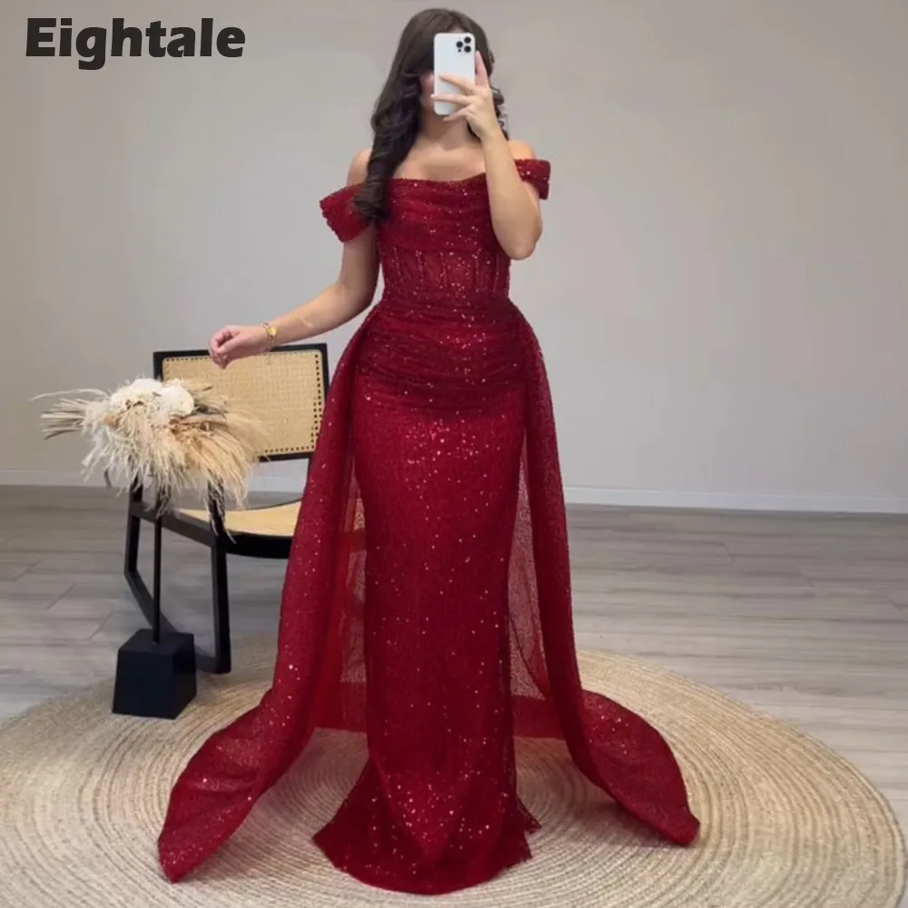 Eightale Luxury Evening Dresses Burgundy Sequined Customized Mermaid Prom Gown Wedding Party with Detachable Skirt