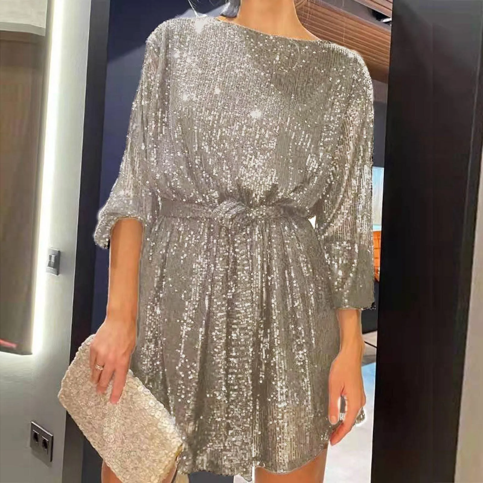 

Glitter Sequin Dress Prom Womens Puff Long Sleeve with Belt Evening Wedding Bridesmaid Sparkly Loose Fit Mini Short Dresses