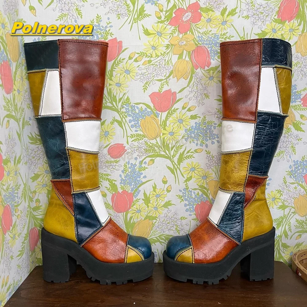 Women Retro Patchwork Leather Knee High Boots Color Block Chunky Platform Block Heel Vintage Y2K Streetwear Fashion Shoes 2026