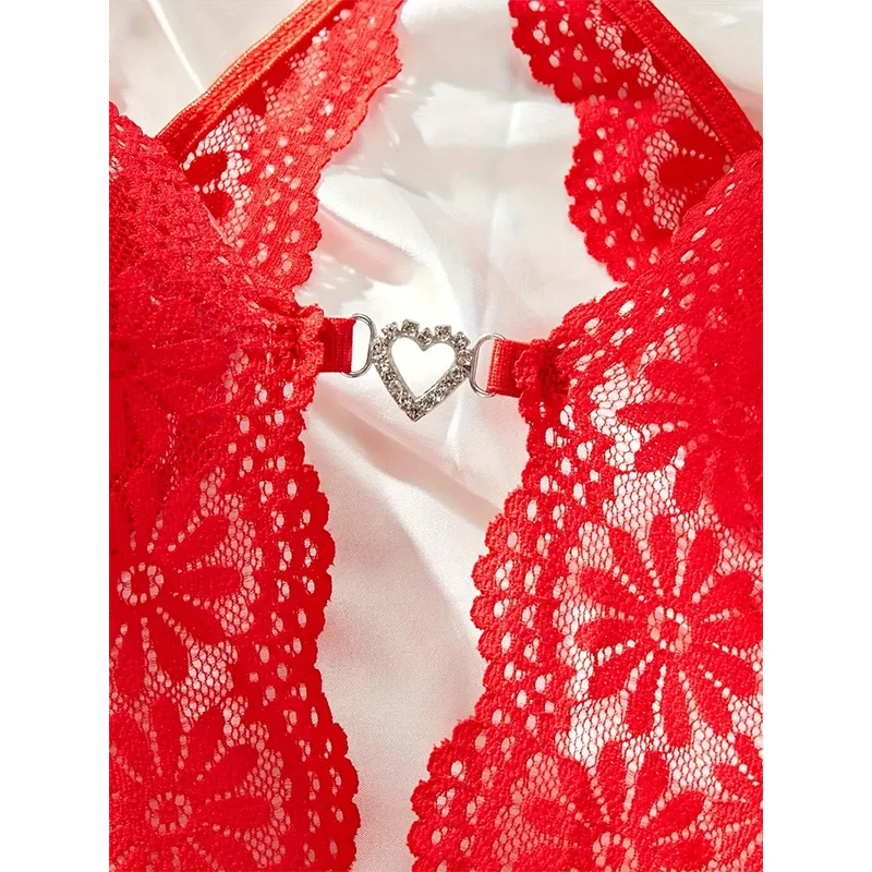 Hot Floral Lace Scallop Trim Teddy Dress Criss Cross Backless Open Crotch Vulgar Bodysuit Women\'s Sexy Lingerie Erotic Underwear