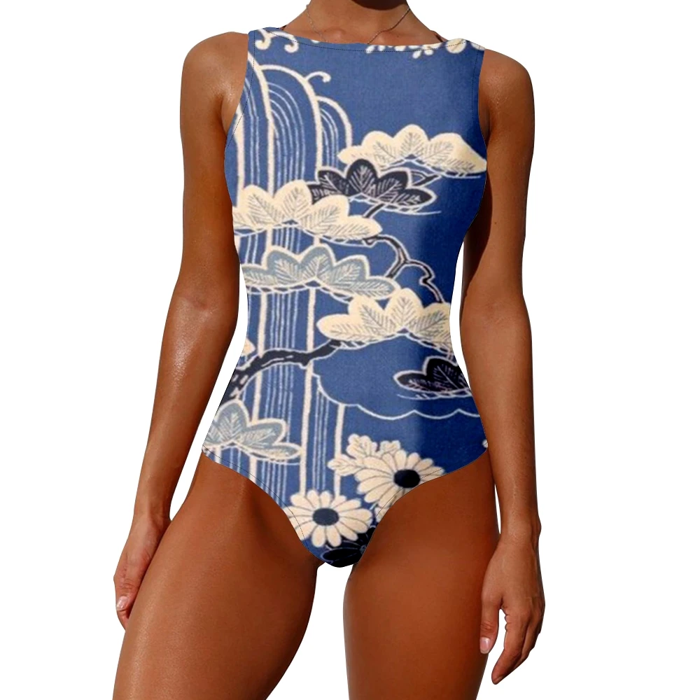 One Piece Swimsuit Forest Pine Cherry Blossom Printed High Waist Tummy Control Casual Swimwear Beach Bathing Suit Women Clothing