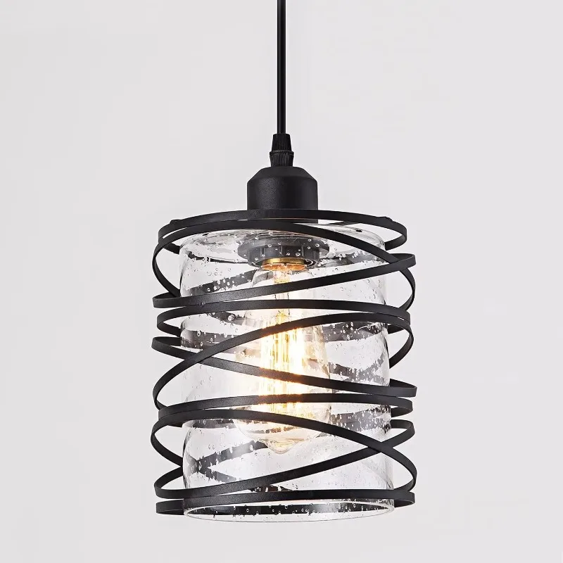 Modern Mini Pendant Light Fixture Kitchen Island Pendant Lighting 6.30''Matte Black Spiral Cage Handblown Clear Seeded Glass