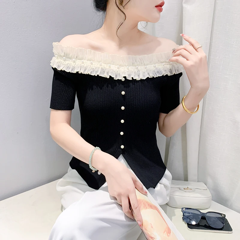 2024 New Summer European Clothes Lace Knited T-Shirt Fashion Sexy Patchwork Shiny Beading Women Tops Short Sleeve Tees 47028