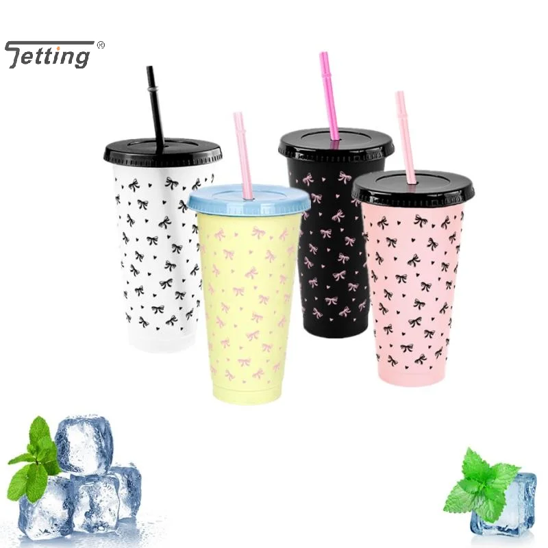 

24oz Kawaii Water Bottle Tumbler For Ice Coffee Juice Tea Cute Bowknot Plastic Cups With Straw Lid Portable Drinking Bottle