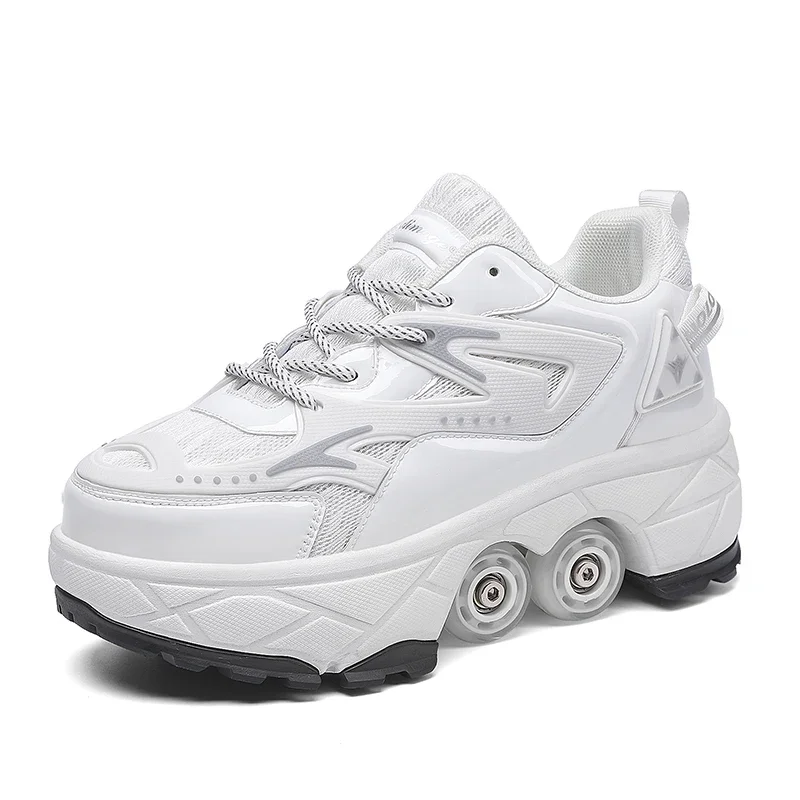 Boys Girls Big Four Wheel Rampage Shoe Lace Brake Roller Skating Shoes with Retractable Wheels Adult Walking Skating Shoe