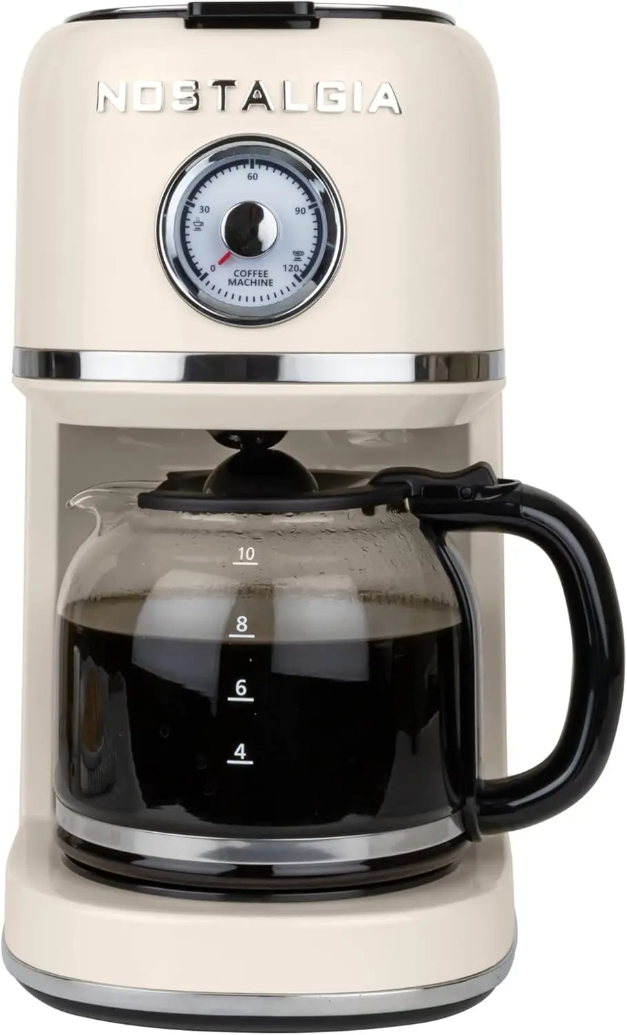 

Классическая ретро-кофеварка на 10 чашек с функцией капельного заваривания одним нажатием, многоразовым фильтром, автоматическим отключением, дисплеем времени, колбой, пригодной для мытья в посудомоечной машине