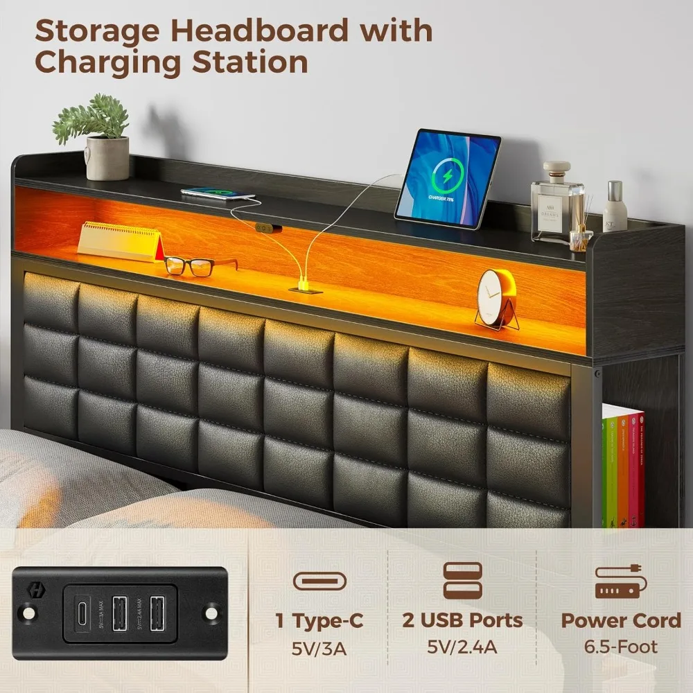 Cama de plataforma estofada em tamanho real com armazenamento, cabeceira, 2 gavetas, estação de carregamento e luz LED