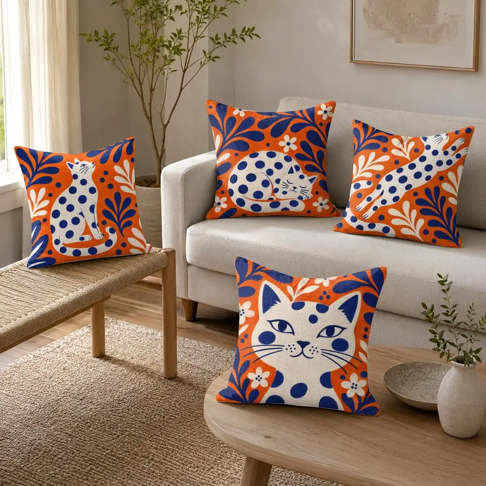 Orange Spotted Cat Cushion Cover Organic Linen Throw Pillow Cover - Double-Sided Print Breathable Cushion Case Home Decor