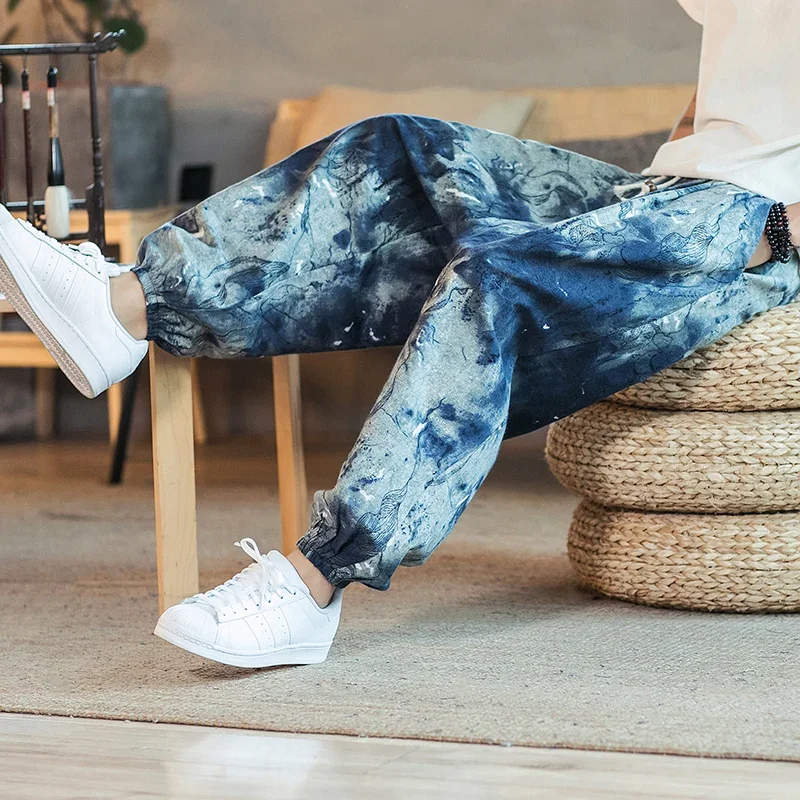 Printed Men Women Baggy Harem Pants Hip hop Joggers Causal Loose Trousers Aladdin Crotch Wide Leg Cotton Linen Pants