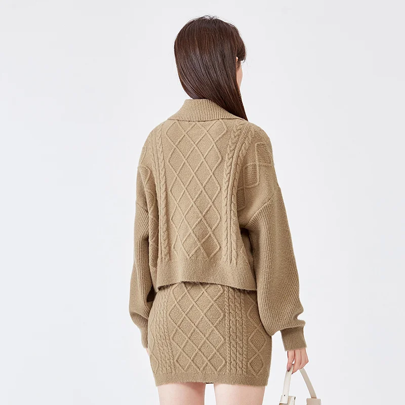 Semir Knitted Suit Women Lapel Sweater Cable Skirt 2023 Winter New Bow Solid Color Two-Piece Set