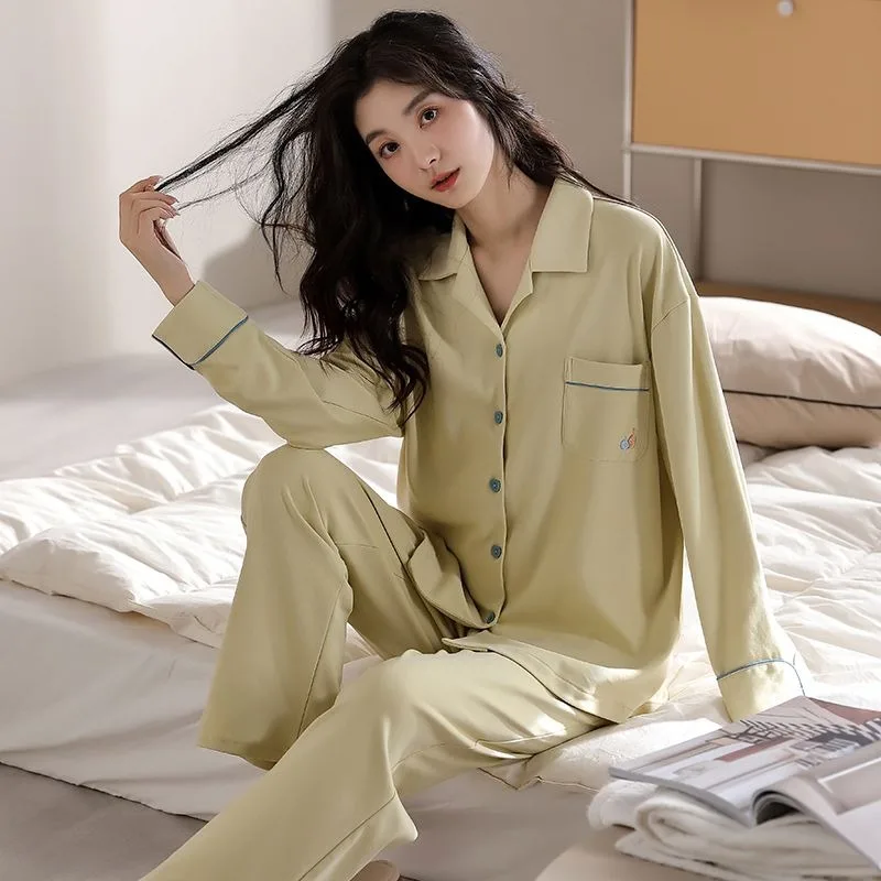 2024 Nieuwe Pyjama Vrouwen Lente Herfst Puur Katoenen Nachtkleding Lange Mouwen Cartoon Loungewear Schattige Loszittende V-Hals Homewear Set