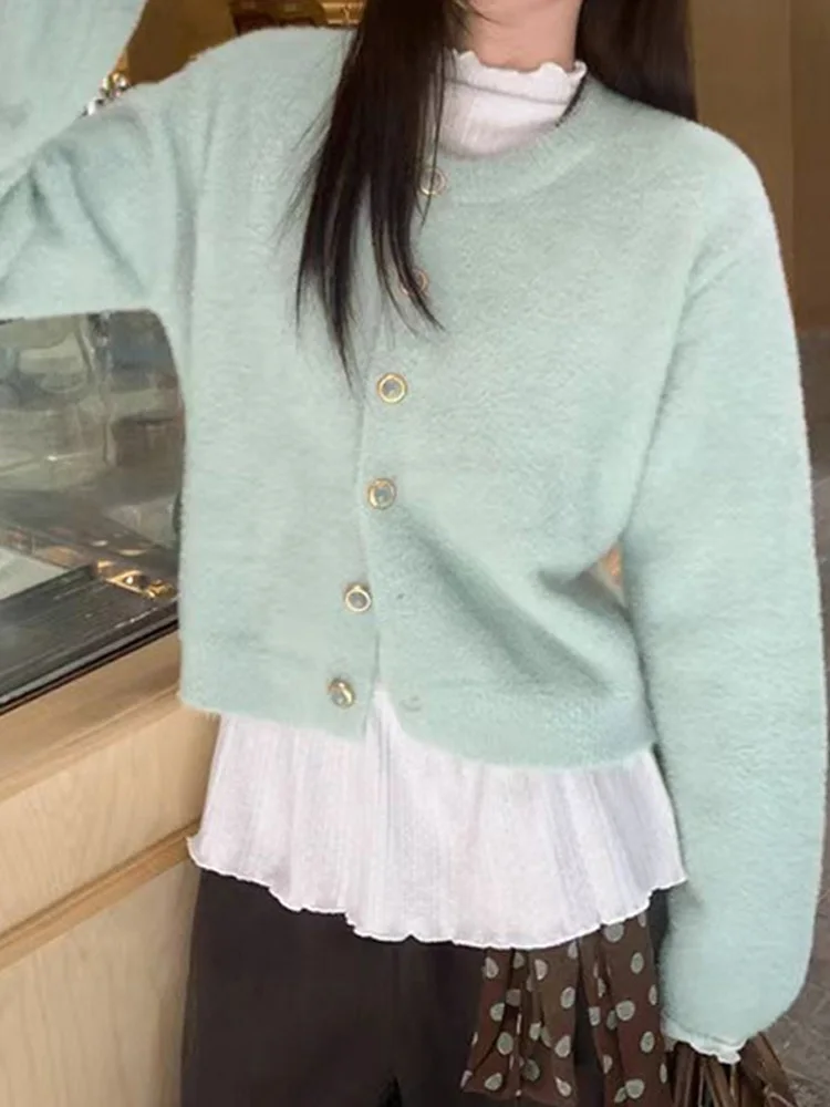

Light Green Knitted Mink Imitation Outerwear Women's Fashion Korean Style Lazy Sweater Cardigan High-End Feeling Top