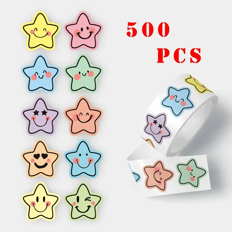 Bunte Stern-Aufkleber-Rolle - 500 Stück Pastellfarbene Ästhetische Sternförmige Etiketten mit Fröhlichem Design, Selbstklebend