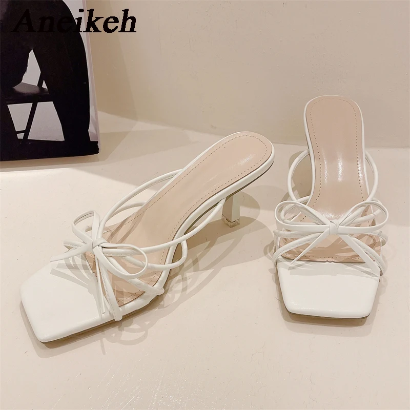 Aneikeh Women Bowtie Square Head Mid Heel Slippers 2024 Summer  PU Open Toe Outdoor Non Slip Casual Shoes Size 35-39