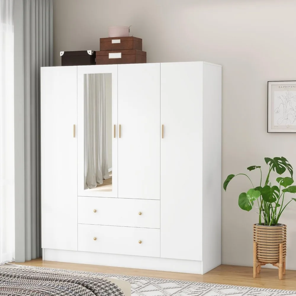 Selected Bedroom Armoires Wardrobe Closet with 4 Doors 2 Drawers and Mirror, Large Shelves Hanging Rods for Bedroom,Wardrobes