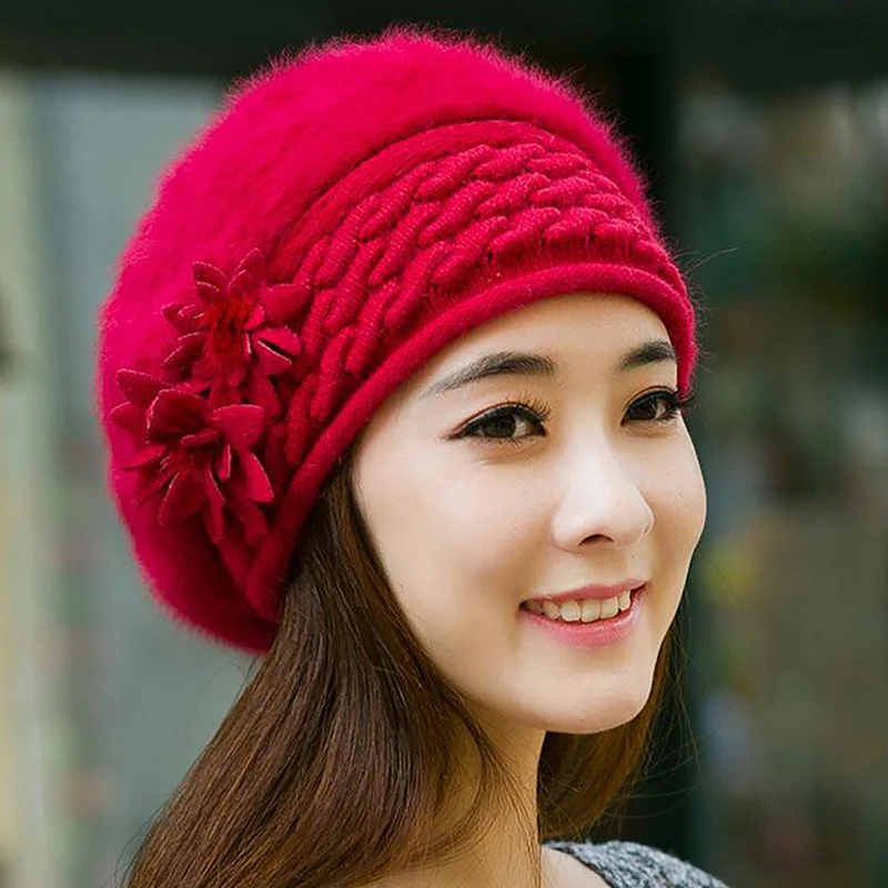 Women's Winter Hats Cotton Cap Slouch Baggy Warm Soft Knit Crochet Female Hat Elegant Fashion Flower Hats