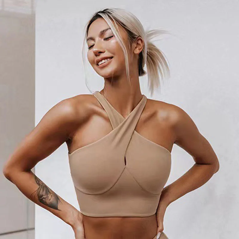 Soutien-gorge à col croisé en patchwork absorbant les chocs pour femmes, haut de yoga et de fitness